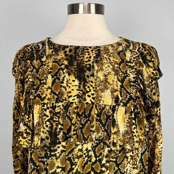 ba&sh Womens SYM Dress Ochre Snake Print Ruffle Swing Smocked Cuffs size 10 - Picture 8 of 16